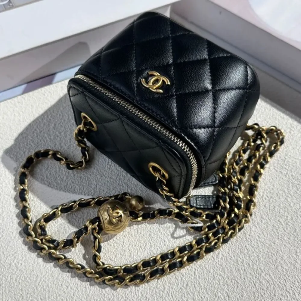 CHANEL Black Quilted Lambskin Mini Vanity Bag with Gold Hardware